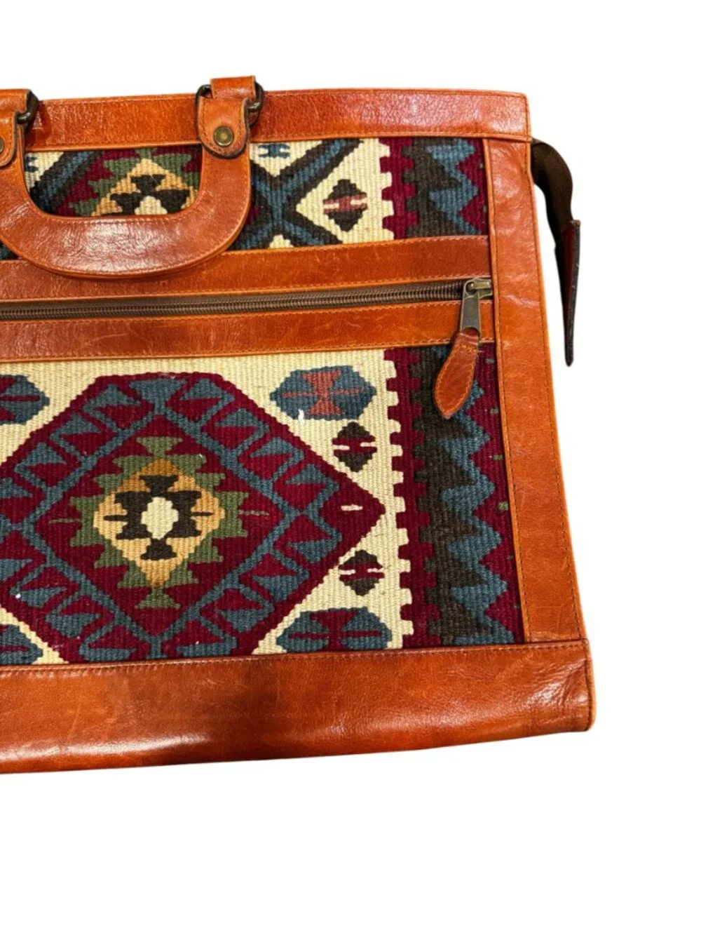 Vintage Kilim Leather Briefcase Bag Wool Southwest Boho Tote Mexico